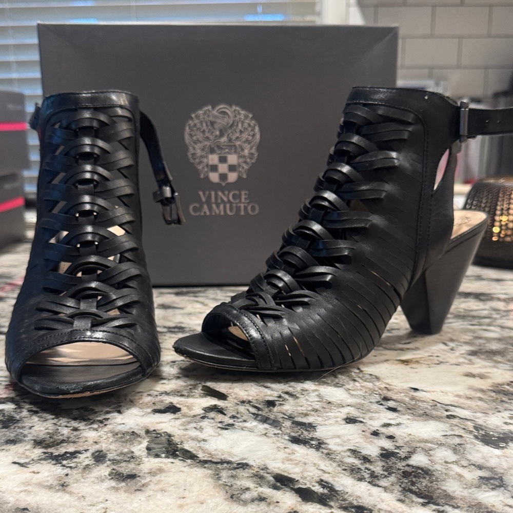 Vince Camuto Black Woven Open-Toe Ankle Strap Heels